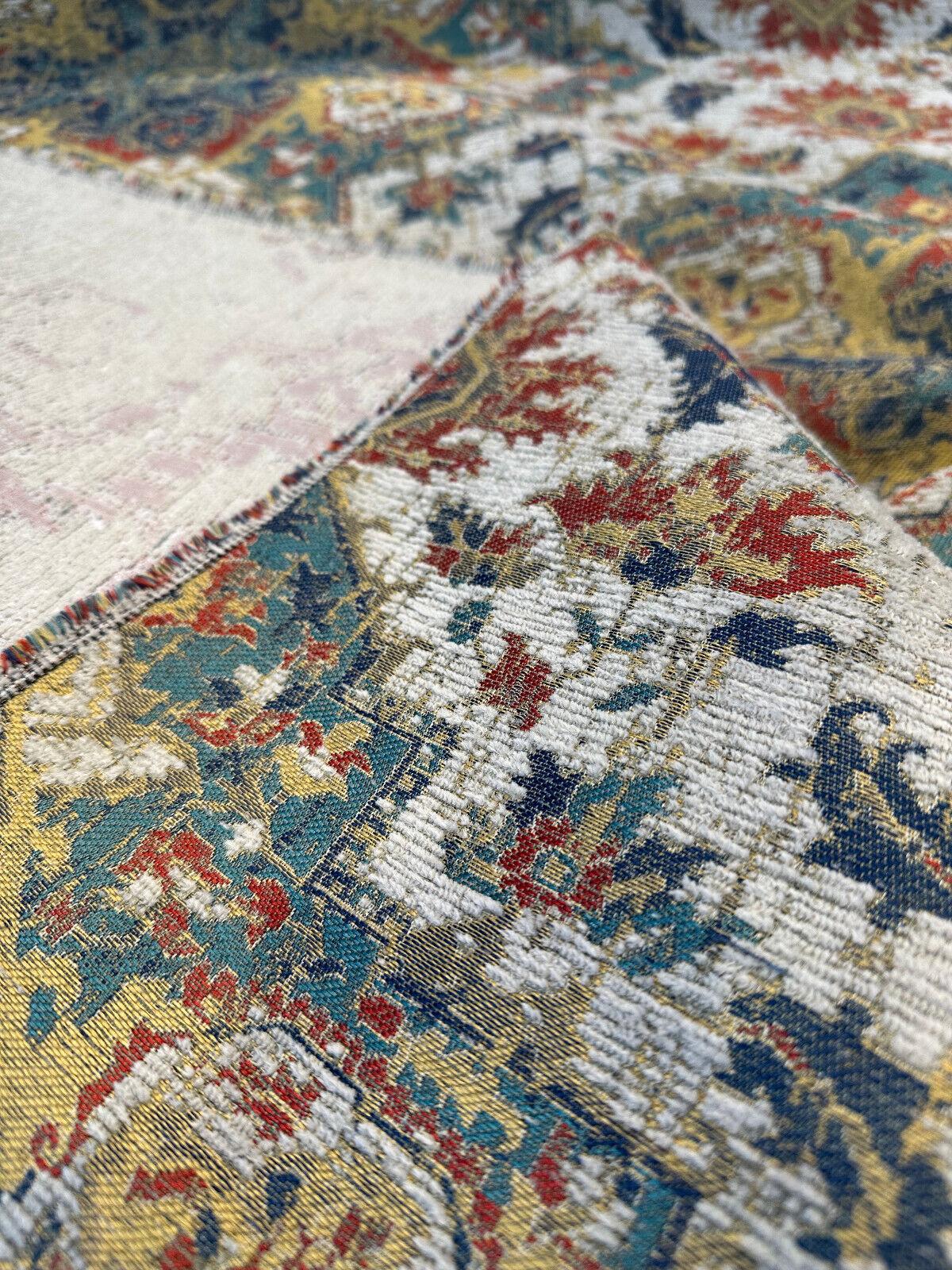 Mesa Verde Fiesta Damask Chenille Upholstery Fabric - Off White, Teal Blue, Yellow, Red Damask, 58" Width (1 Yard)