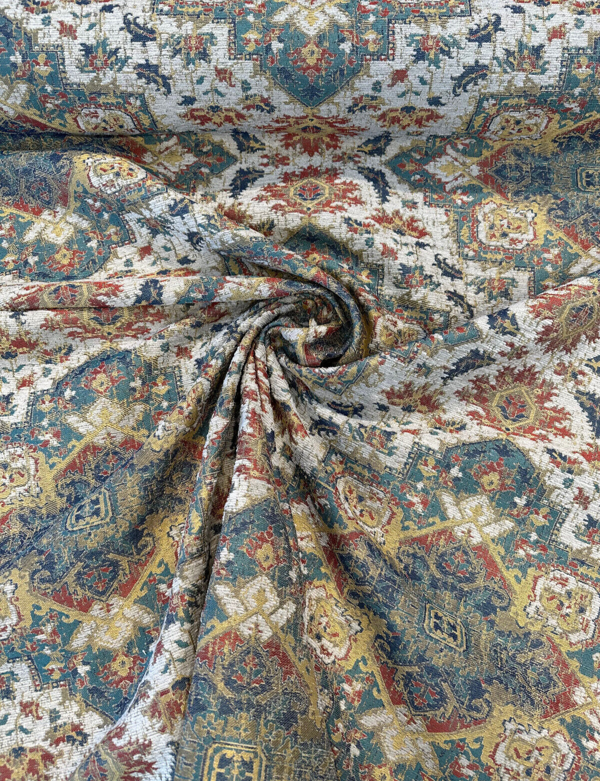 Mesa Verde Fiesta Damask Chenille Upholstery Fabric - Off White, Teal Blue, Yellow, Red Damask, 58" Width (1 Yard)