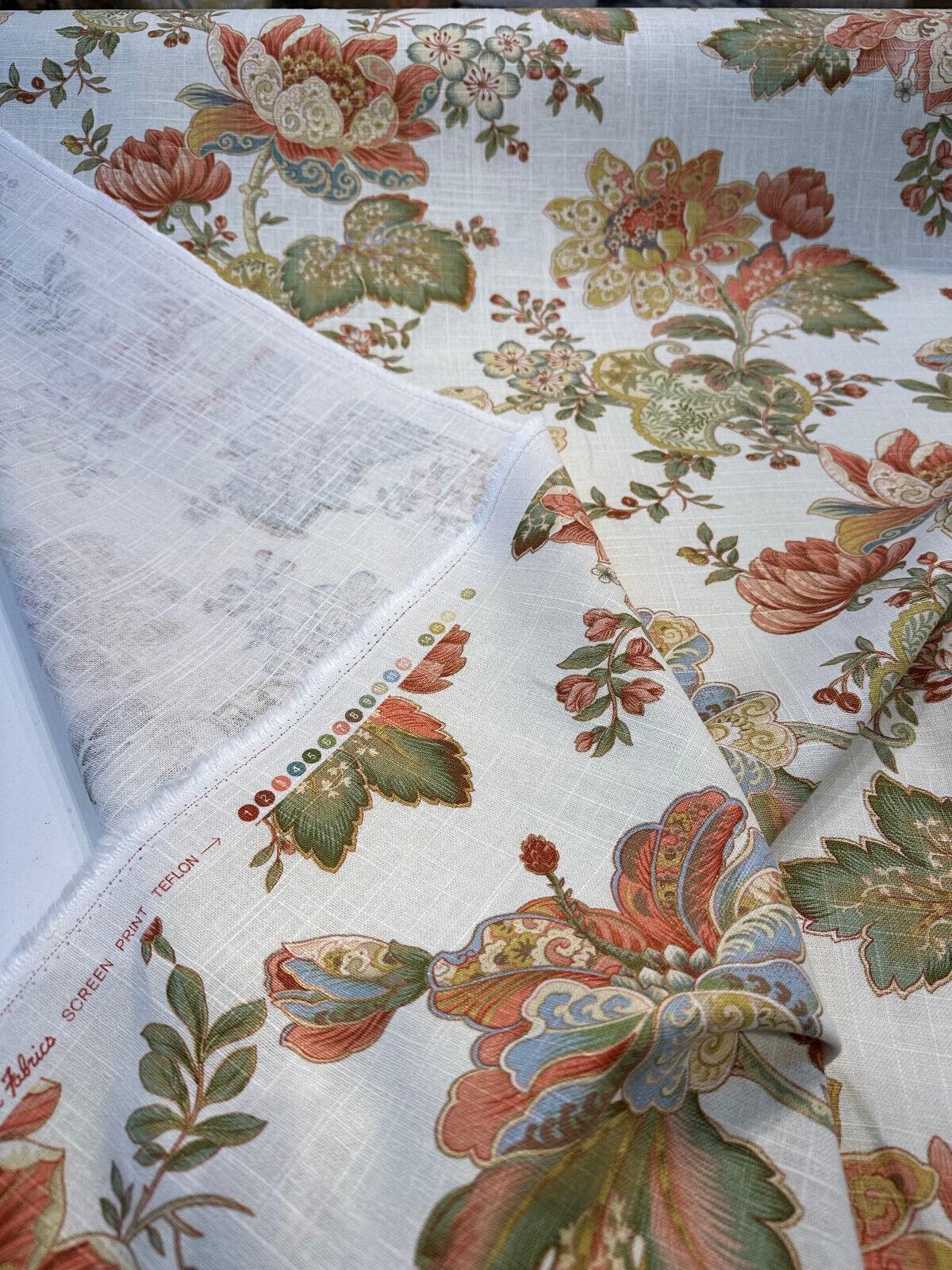 Dublique Opal Linen Rayon Fabric - Floral Jacobean Print, Opal Cream Pink Green Blue, 54" Width (1 Yard)