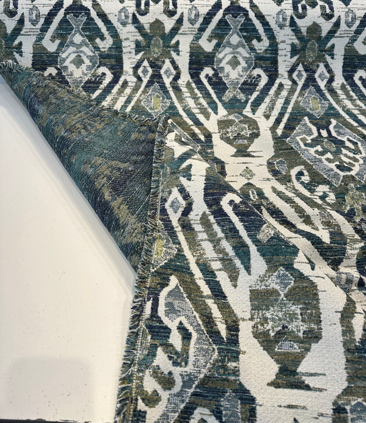 Esperanza Ever Green Blue Ikat Chenille Upholstery Fabric - Off White, Teal Blue, Yellow, Red, 58" Width (1 Yard)
