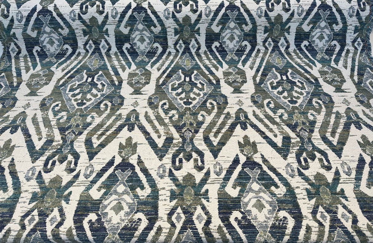 Esperanza Ever Green Blue Ikat Chenille Upholstery Fabric - Off White, Teal Blue, Yellow, Red, 58" Width (1 Yard)