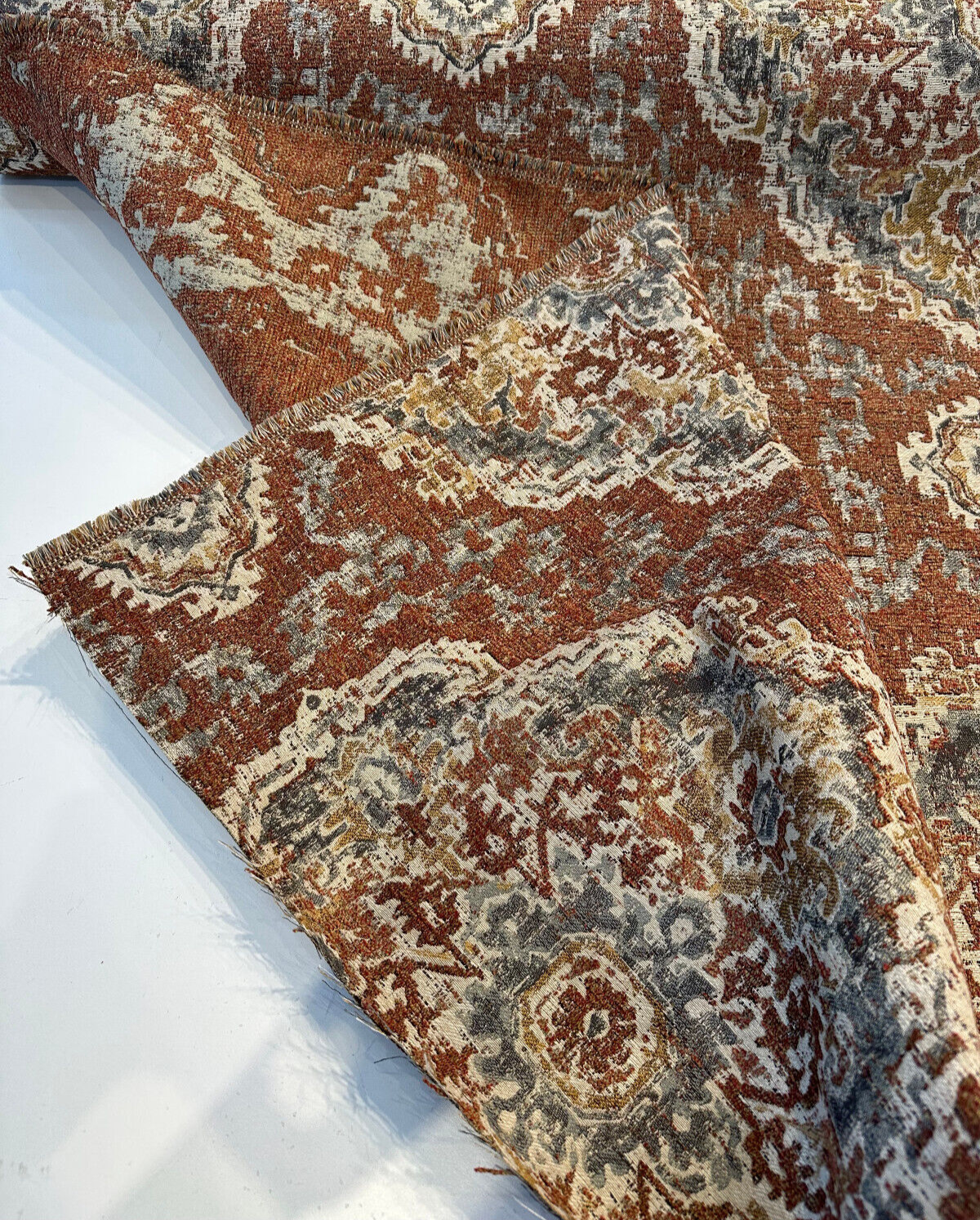 Eastview Auburn Damask Swavelle Chenille Upholstery Fabric - Auburn Rust Orange With Beige Hints, 57.75" Width, 27" Horizontal Repeat, 27" Vertical Repeat (1 Yard)