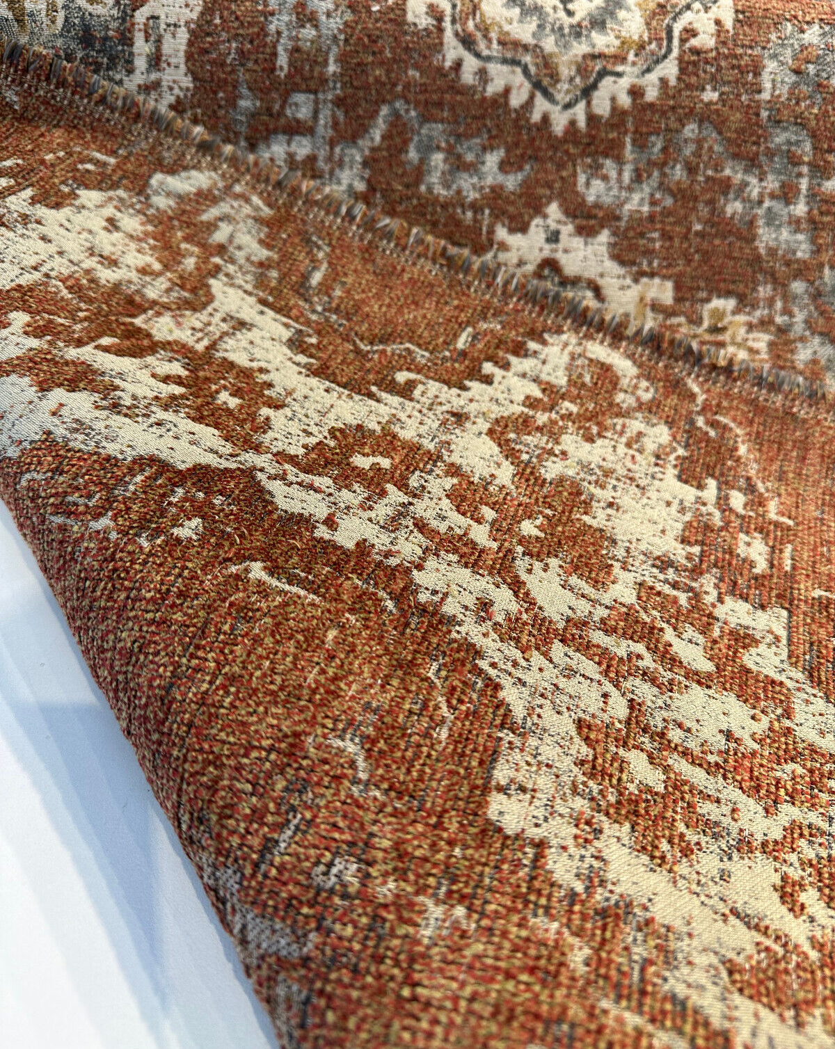 Eastview Auburn Damask Swavelle Chenille Upholstery Fabric - Auburn Rust Orange With Beige Hints, 57.75" Width, 27" Horizontal Repeat, 27" Vertical Repeat (1 Yard)