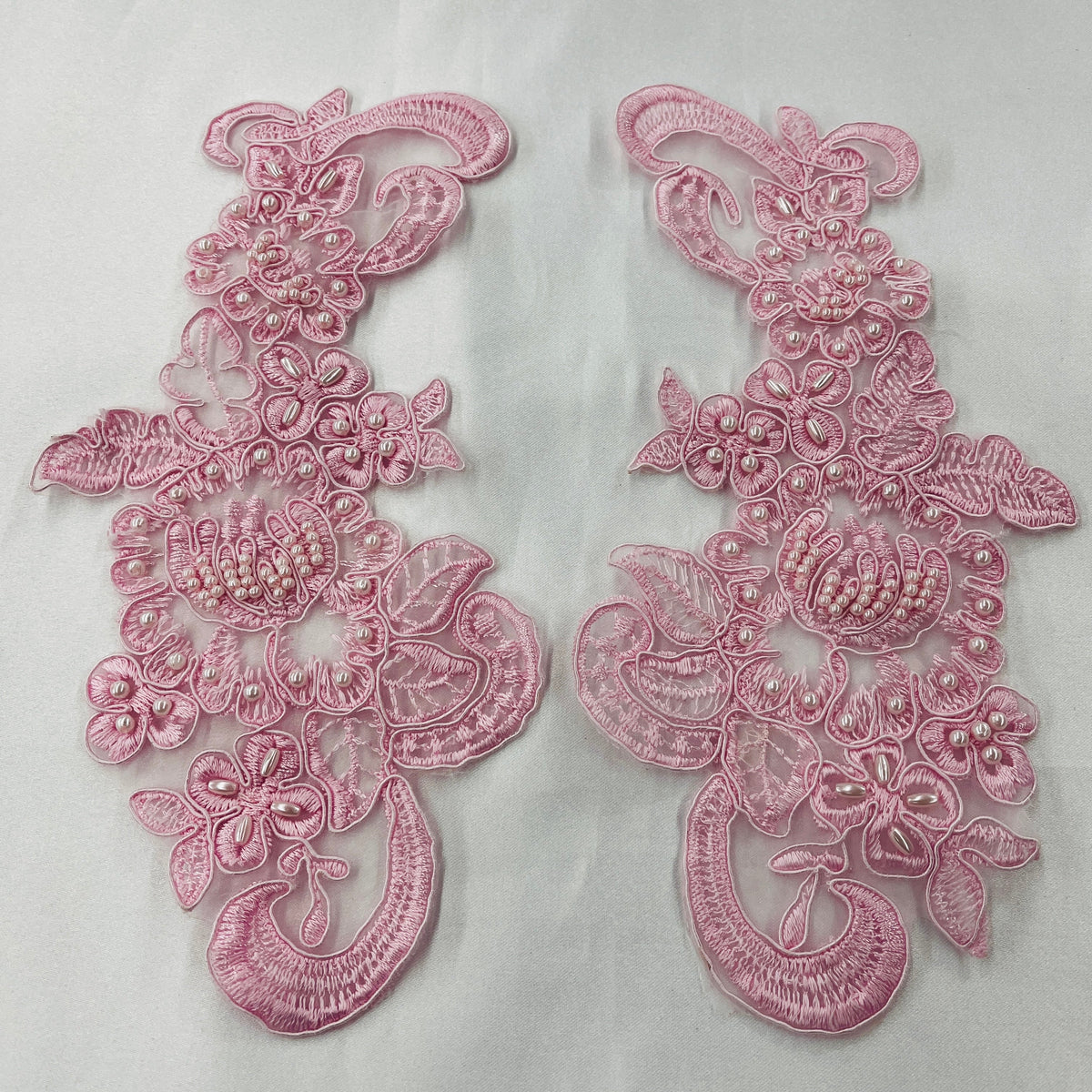 1 Yard Beaded Corded Floral Lace Applique on Sheer Polyester Organza, Embroidered Fabric for Dresses & Gowns