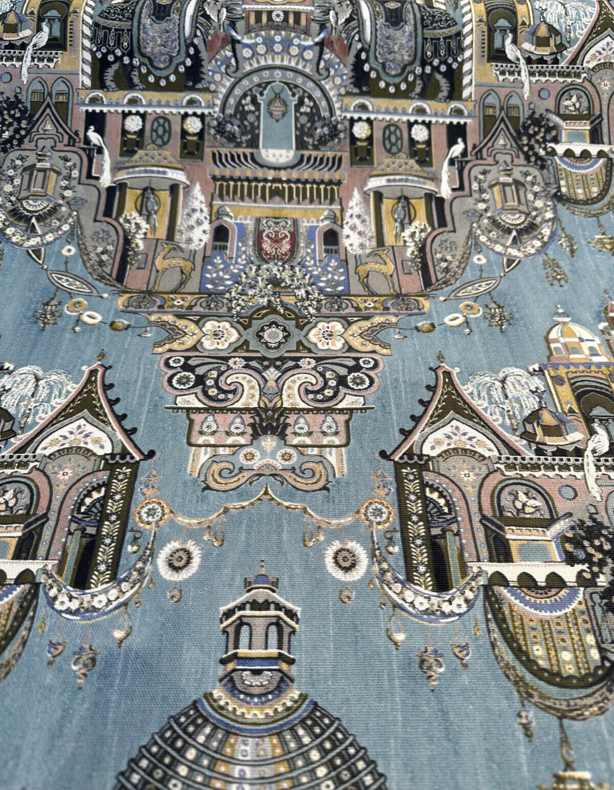 Highclere Petro Cerulean Cotton Duck Fabric - Exotic Buildings, Elephants, Blue Gray Taupe, 54" Width (1 Yard)