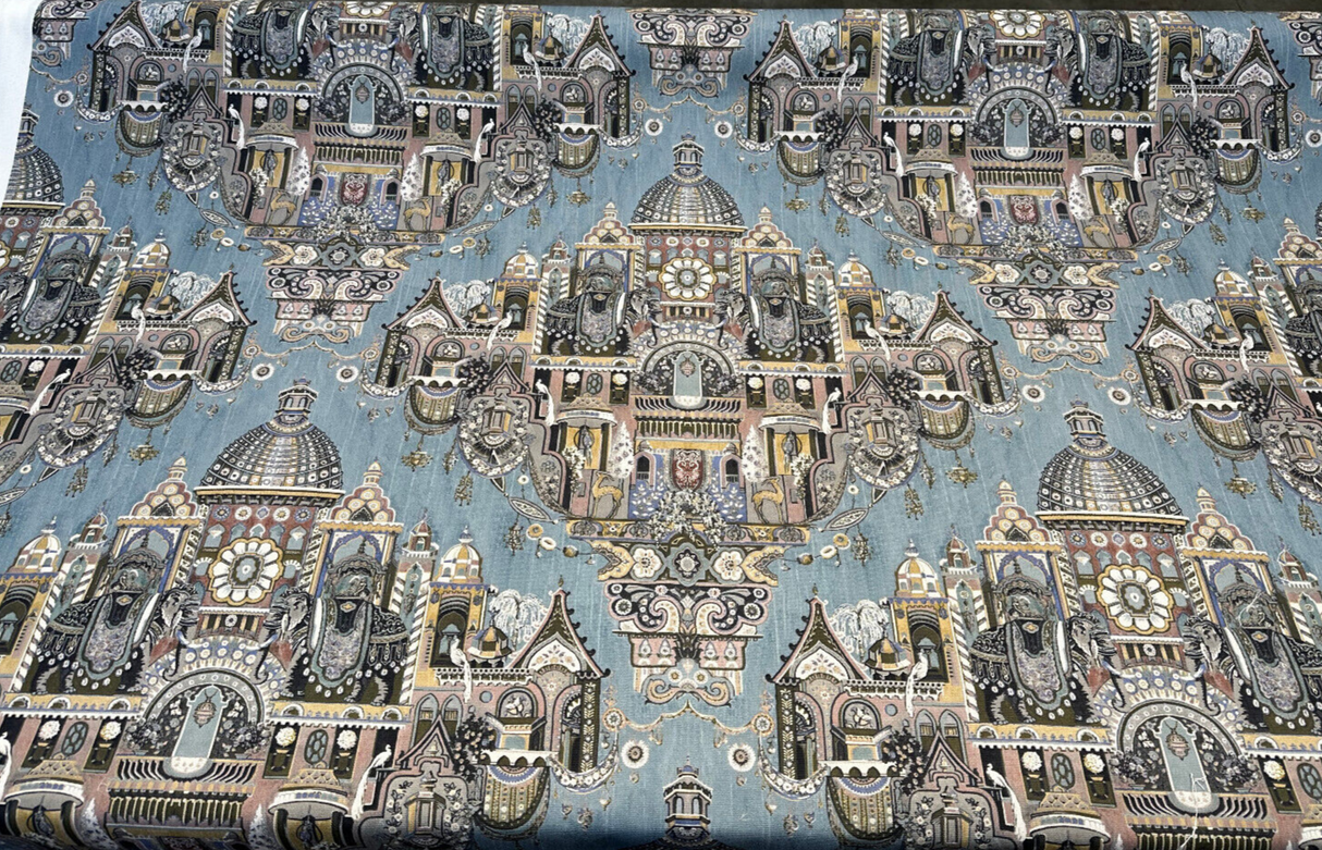 Highclere Petro Cerulean Cotton Duck Fabric - Exotic Buildings, Elephants, Blue Gray Taupe, 54" Width (1 Yard)