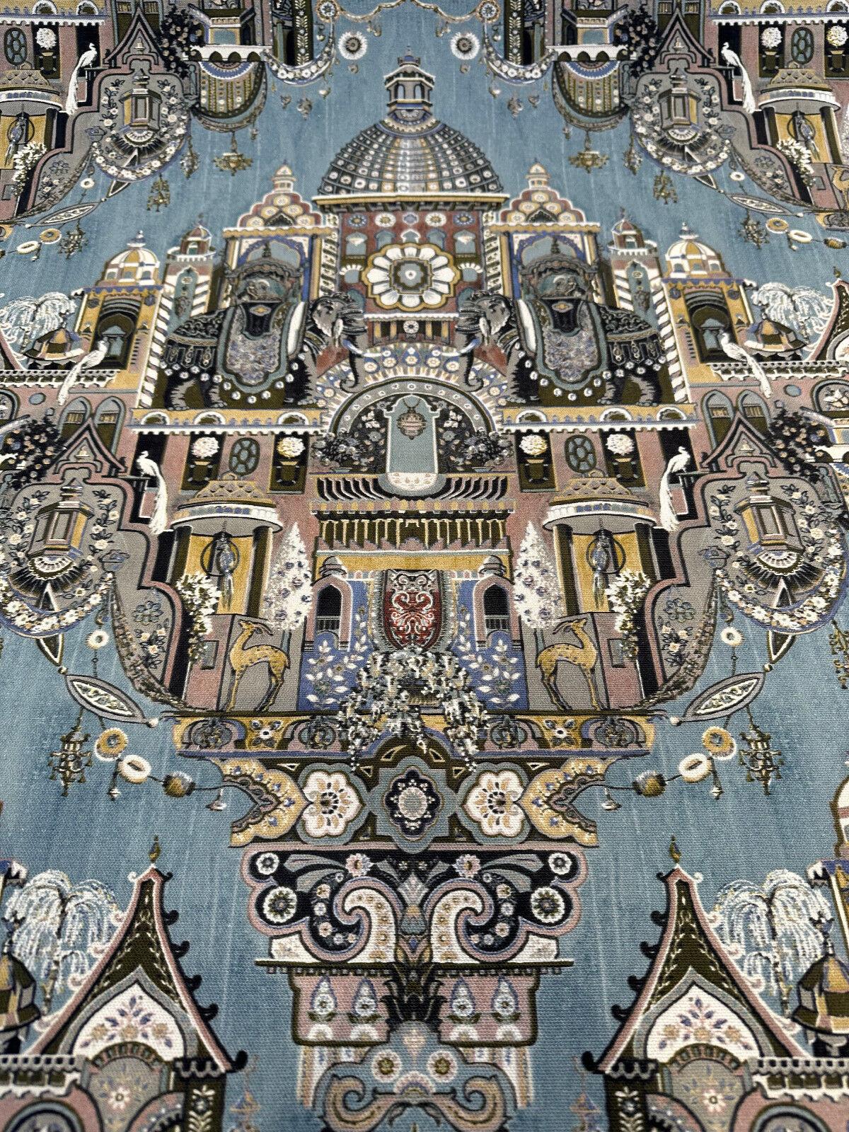 Highclere Petro Cerulean Cotton Duck Fabric - Exotic Buildings, Elephants, Blue Gray Taupe, 54" Width (1 Yard)