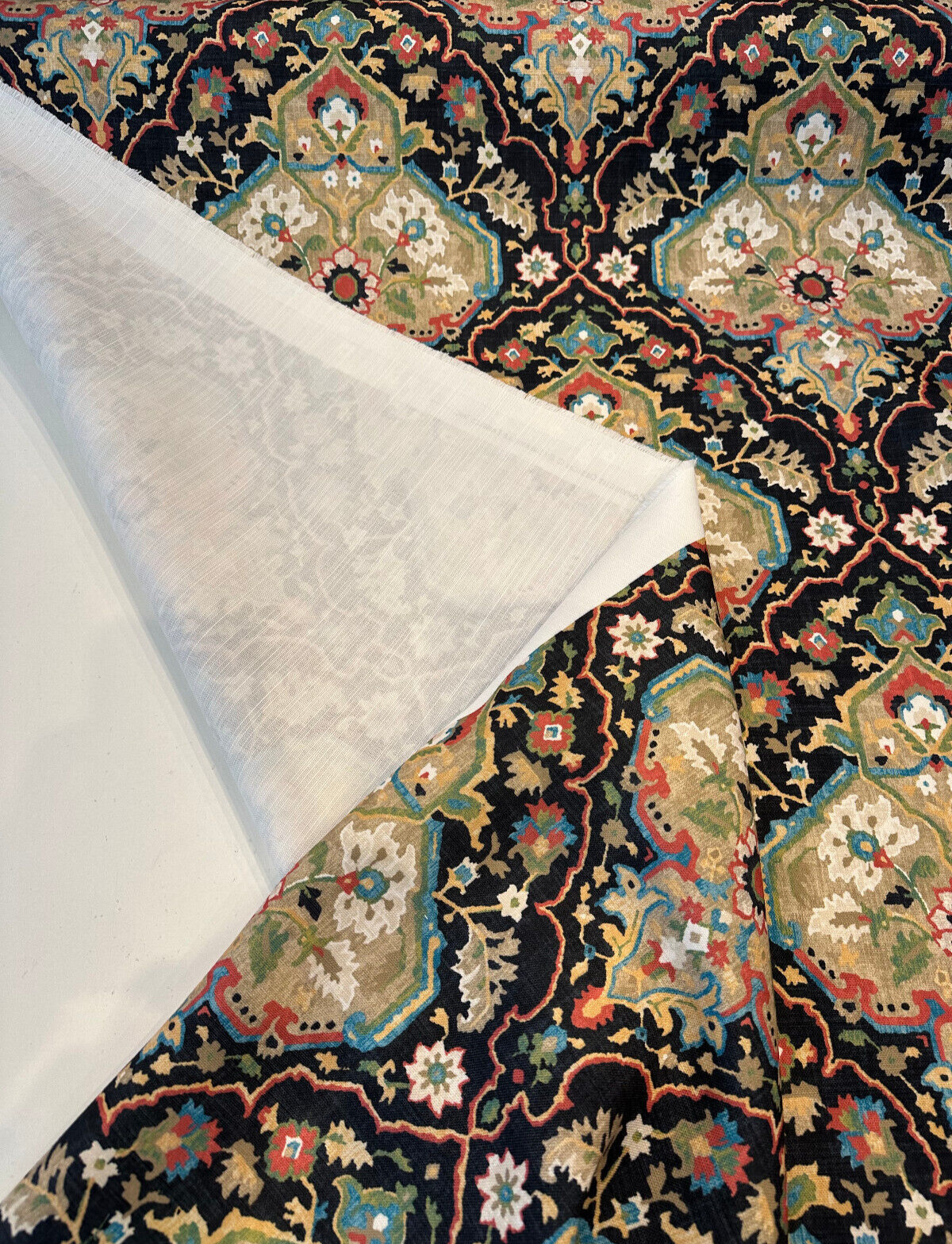 Waddesdon Pierside Noir Black Damask Polyester Fabric - Black Background With Red, Blue, Green, Beige, And Ivory Damask Pattern, 54" Width (1 Yard)