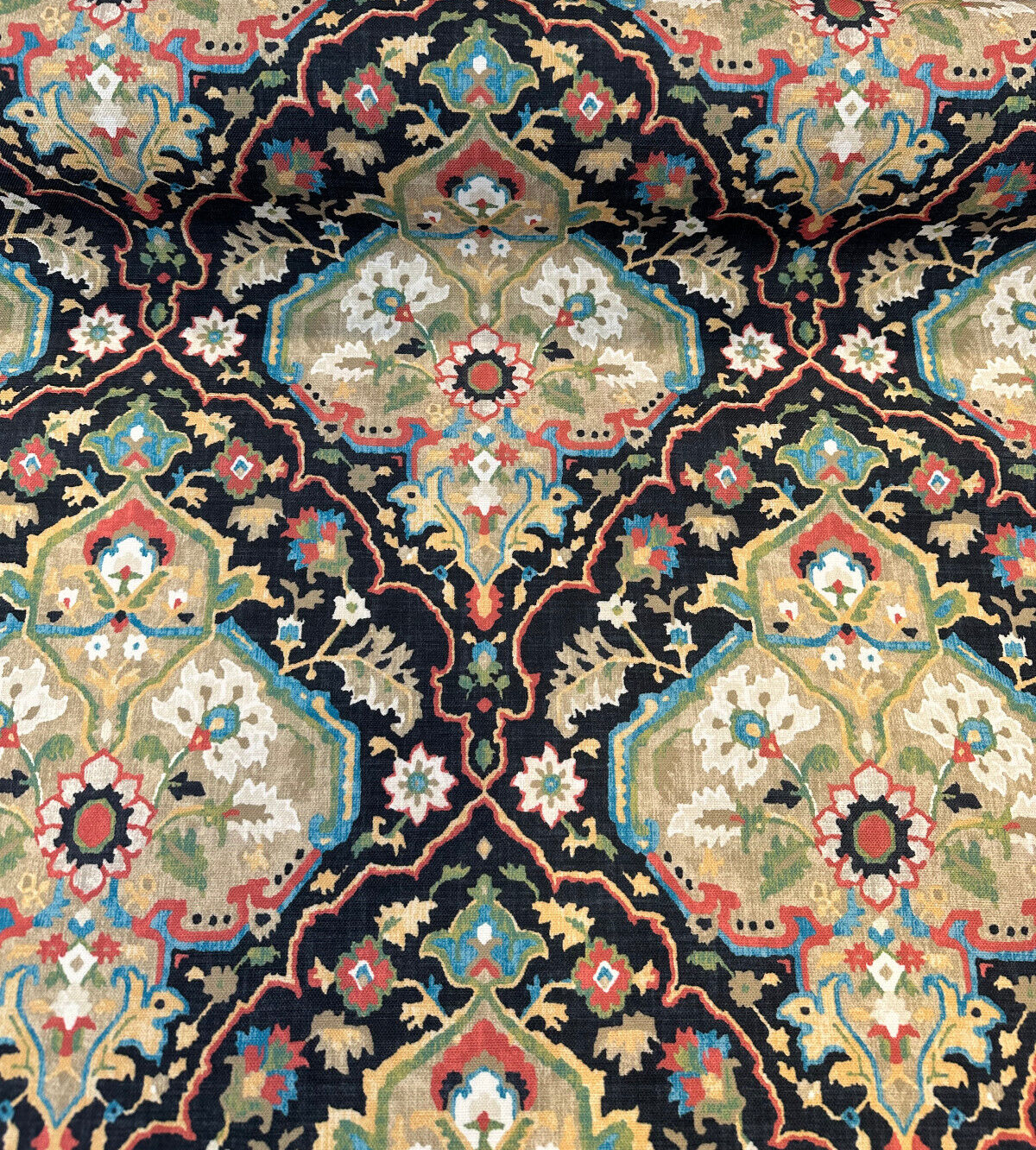 Waddesdon Pierside Noir Black Damask Polyester Fabric - Black Background With Red, Blue, Green, Beige, And Ivory Damask Pattern, 54" Width (1 Yard)