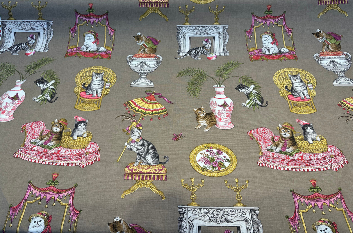 Fabulous Felines Cats With Hats Cotton Fabric - Tan, Pink, Dark Salmon Cat Print, 27" Repeat (1 Yard)