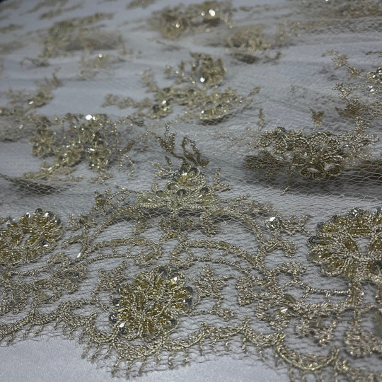 1 Yard Elegant Beaded Lace Fabric Embroidered on Polyester Net Mesh