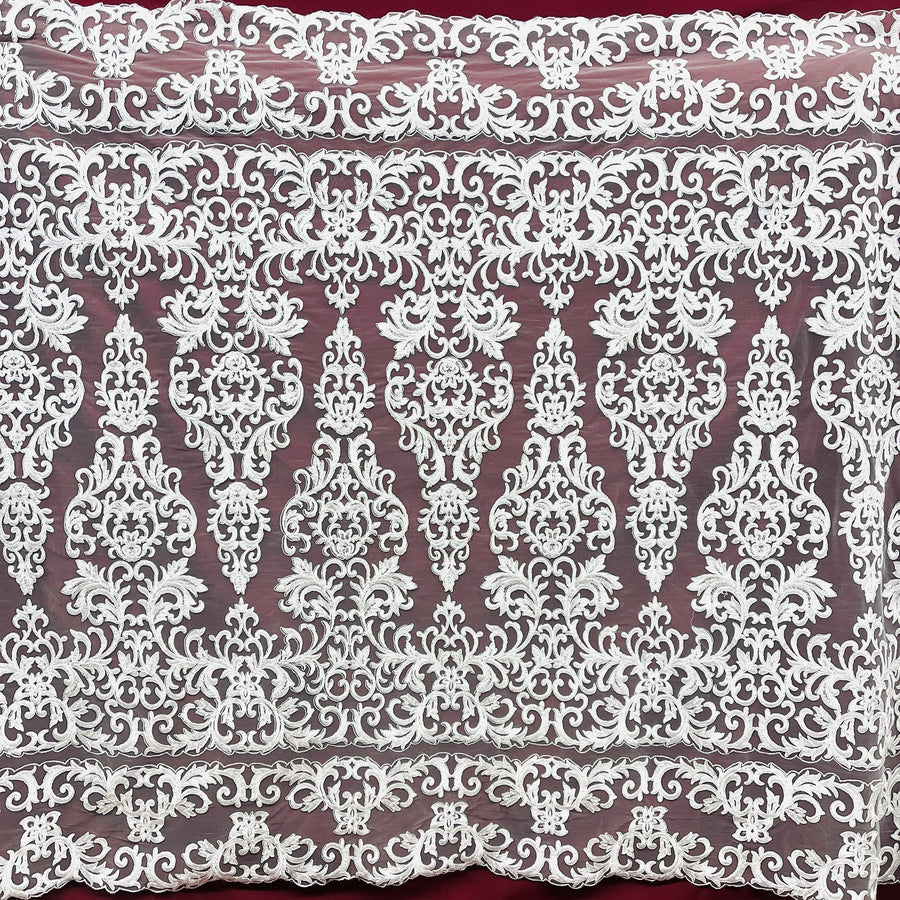 1 Yard Ivory Beaded and Corded Lace Fabric Embroidered on Polyester Net Mesh 51 Inch Width