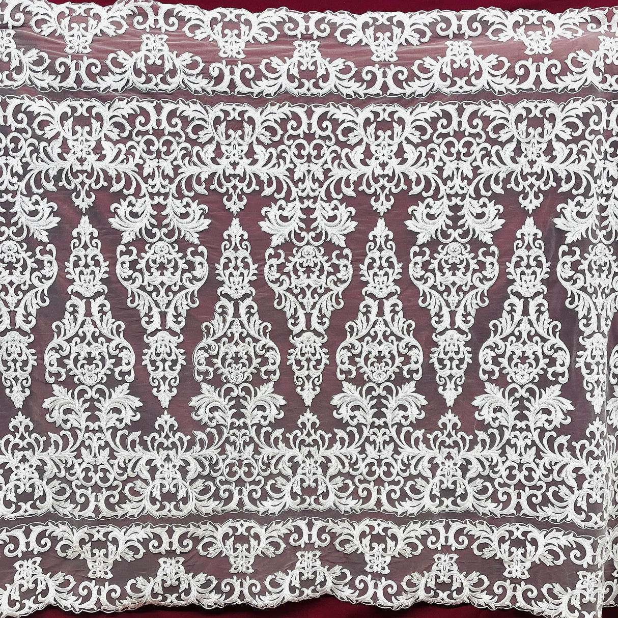 1 Yard Beaded & Corded Lace Fabric on Polyester Net Mesh, White, 51" Wide, Embroidered Lace Fabric