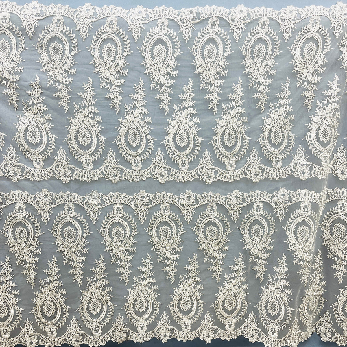 1 Yard 48" Wide Corded Bridal Lace Fabric Embroidered on 100% Polyester Net Mesh