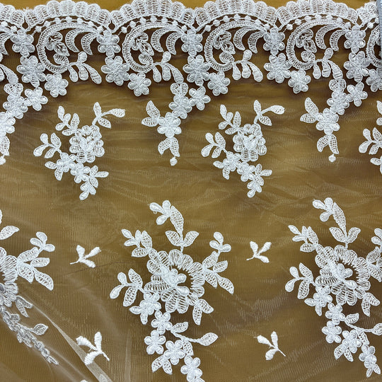1 Yard Corded Bridal Lace Fabric Embroidered on Polyester Net Mesh 53 inch Width