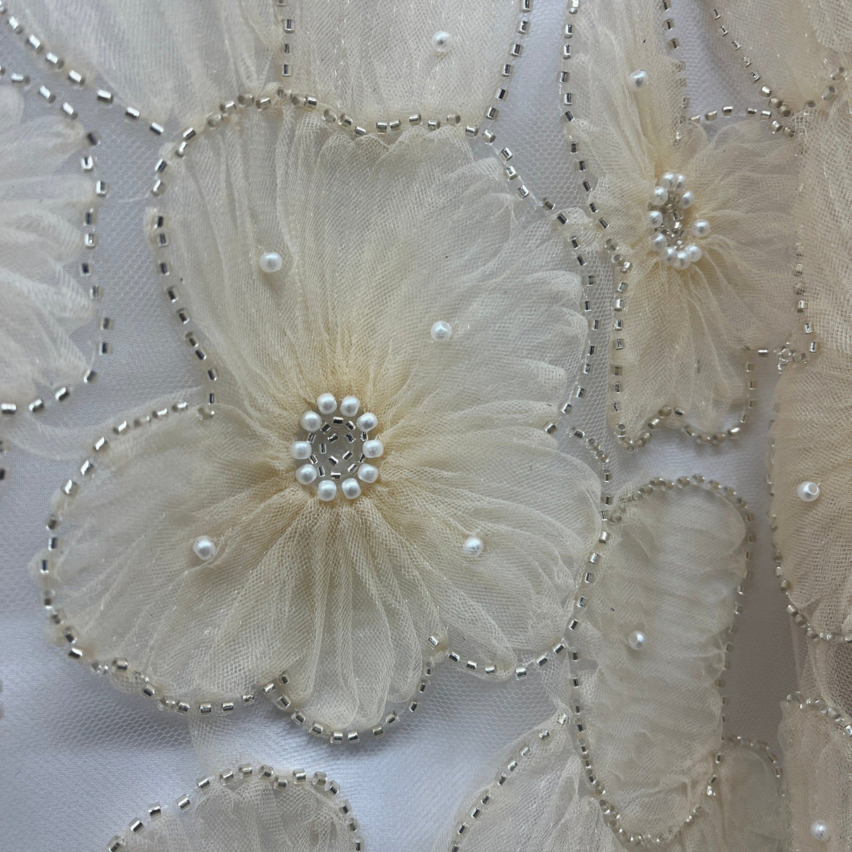 Beaded 3D Floral Lace Fabric - 3D Floral Embroidered Net Mesh, 52" Wide (1 Yard)