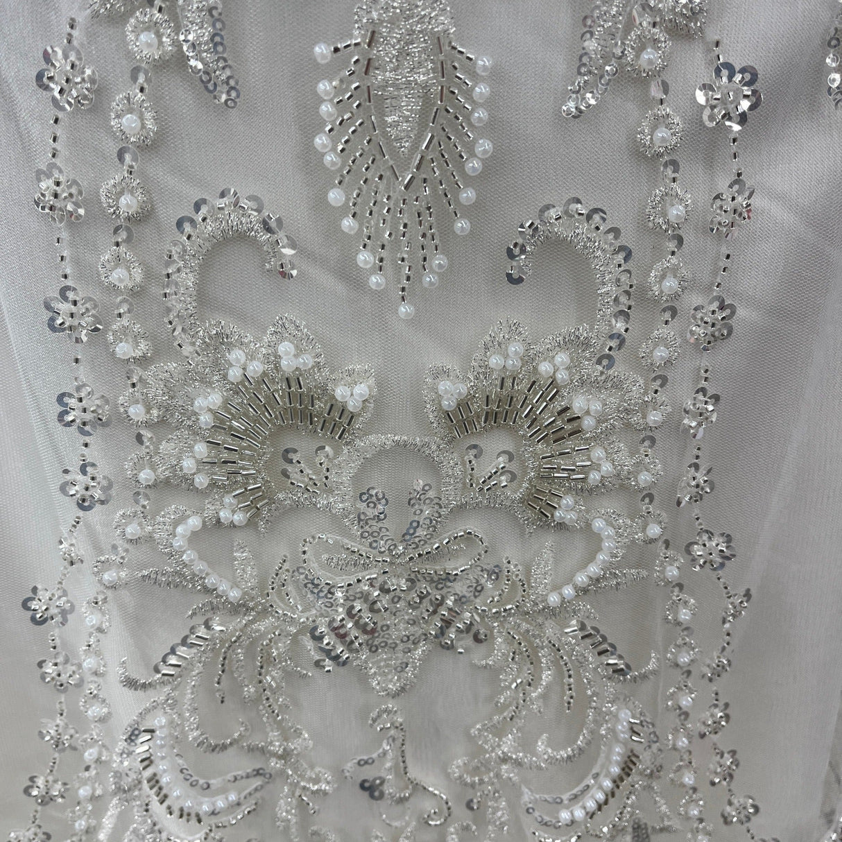 Beaded Lace Fabric Embroidered On 100 Percent Polyester Net Mesh - Off White, Antique Silver, White, 50" Wide (1 Yard)
