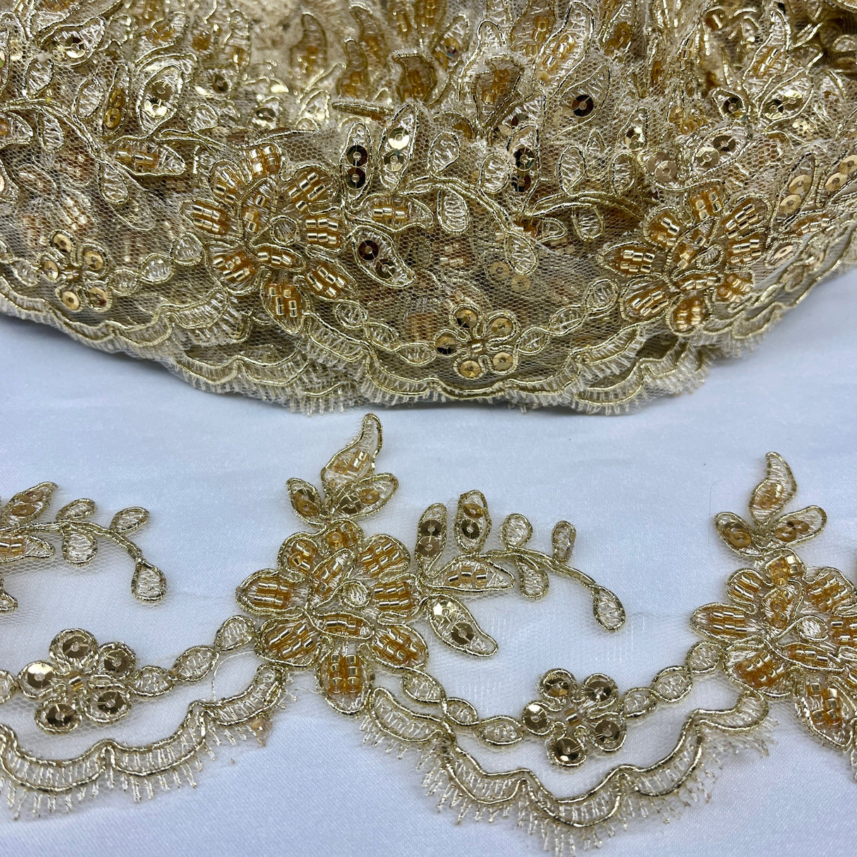 Beaded & Corded Lace Trimming Embroidered On 100% Polyester Net Mesh - Beaded Corded Embroidered Lace Fabric, 3" Wide, Gold, Ivory, Silver, White (1 Yard)