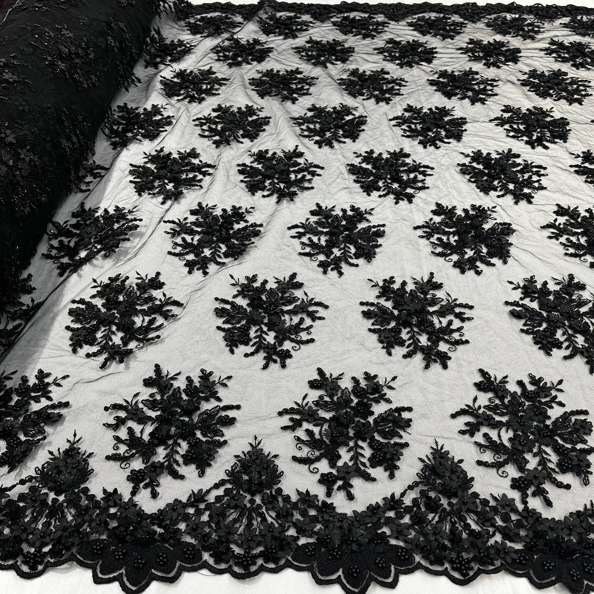 1 Yard Whimsical Pink Beaded 3D Floral Lace Fabric on Net Mesh 50 inch Width