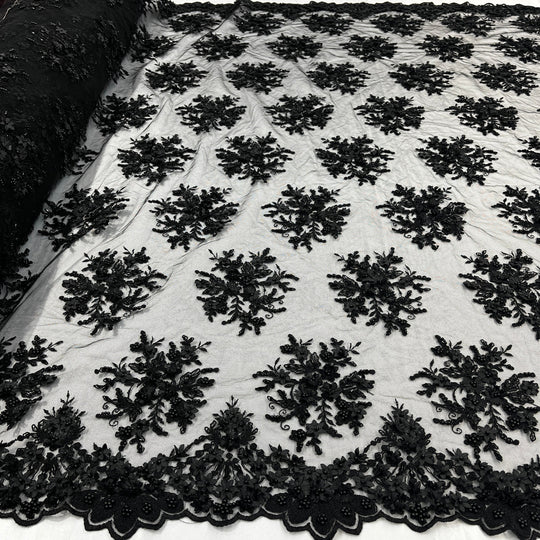 1 Yard Beaded 3D Floral Lace Fabric Embroidered 100 Percent Polyester Net Mesh 50 inch Width