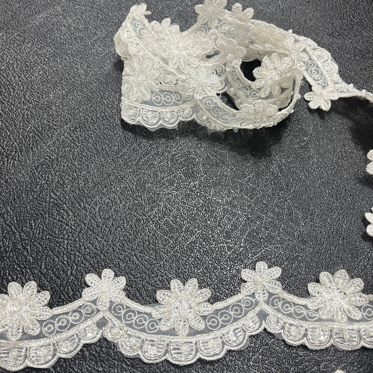 1 Yard Beaded & Corded Lace Trimming on Net Mesh – 1.75" Wide | Embroidered Decorative Lace for Dresses & Costumes