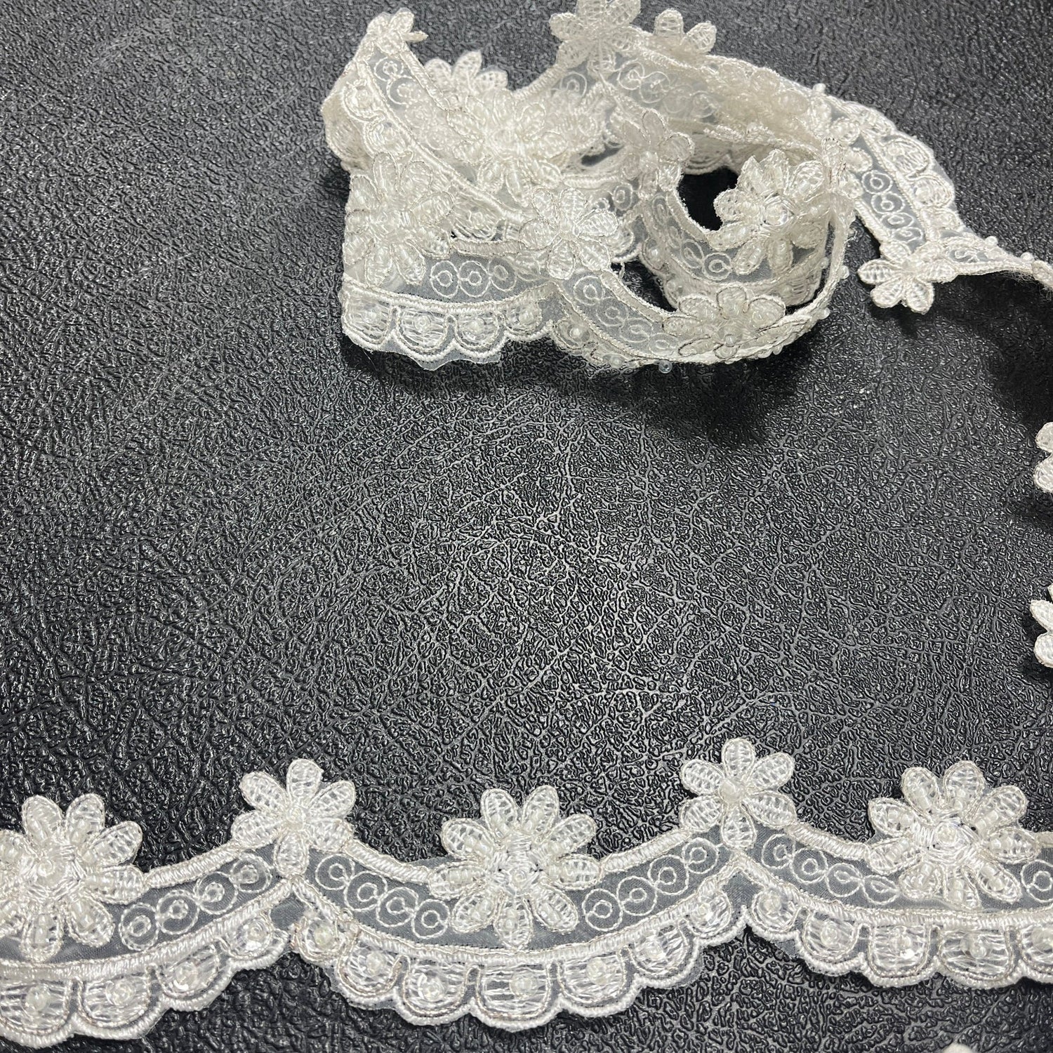 1 Yard Beaded & Corded Lace Trimming on Net Mesh – 1.75" Wide | Embroidered Decorative Lace for Dresses & Costumes