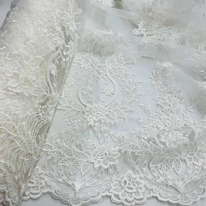 1 Yard Premium Corded Bridal Lace Fabric Embroidered on 100% Polyester Net Mesh White