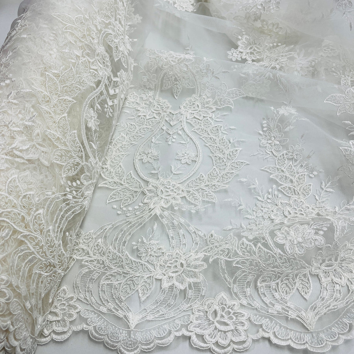 1 Yard Exquisite Corded Bridal Lace Fabric Embroidered on Polyester Net Mesh