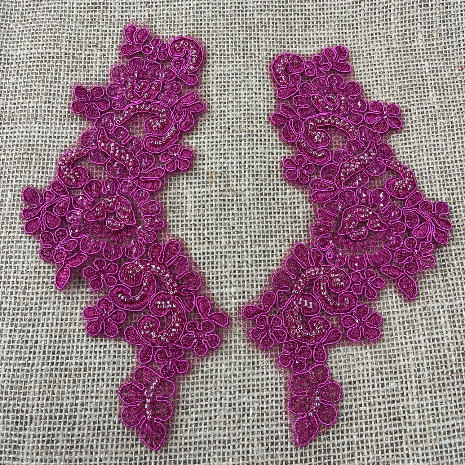 1 Pair 9" x 3" Each Side Beaded & Corded Floral Lace Applique Organza