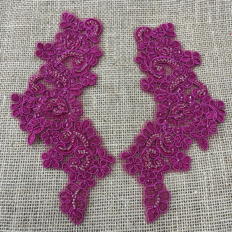 1 Pair 9" x 3" Each Side Beaded & Corded Floral Lace Applique Organza