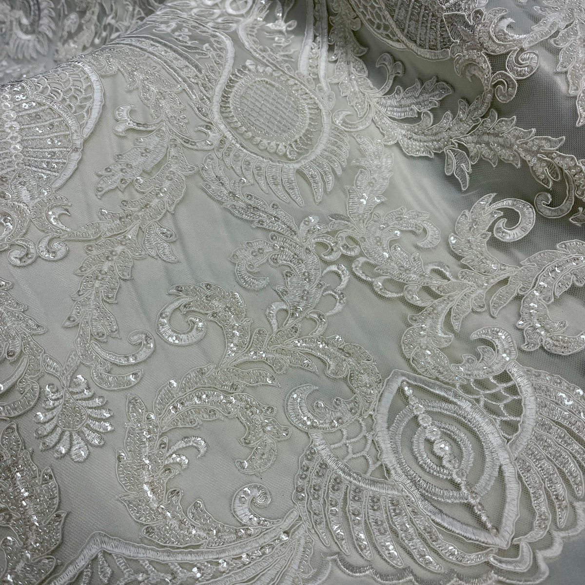 1 Yard 54" Wide Beaded & Corded Bridal Lace Fabric Embroidered on 100% Polyester Net Mesh