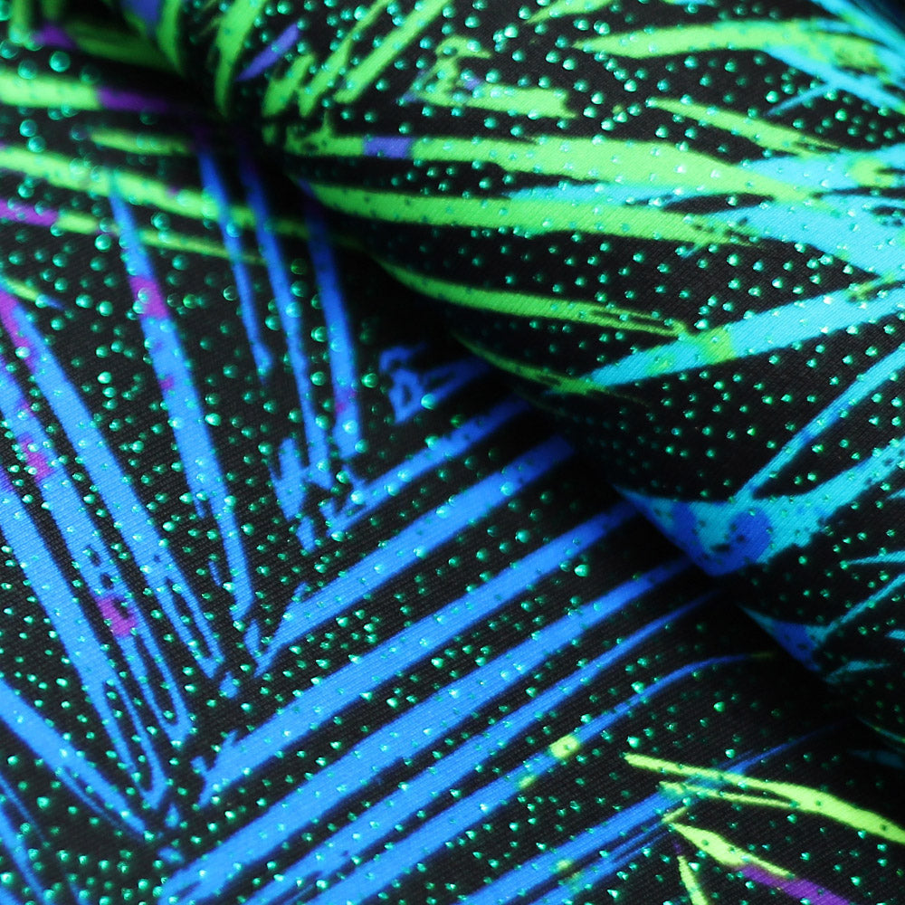Electric Tropics Nylon Spandex Fabric - Tropical Palm Leaf Print, Multi, Orange-Red, Green-Blue, Pink-Purple, 58-60" Width (1 Yard)