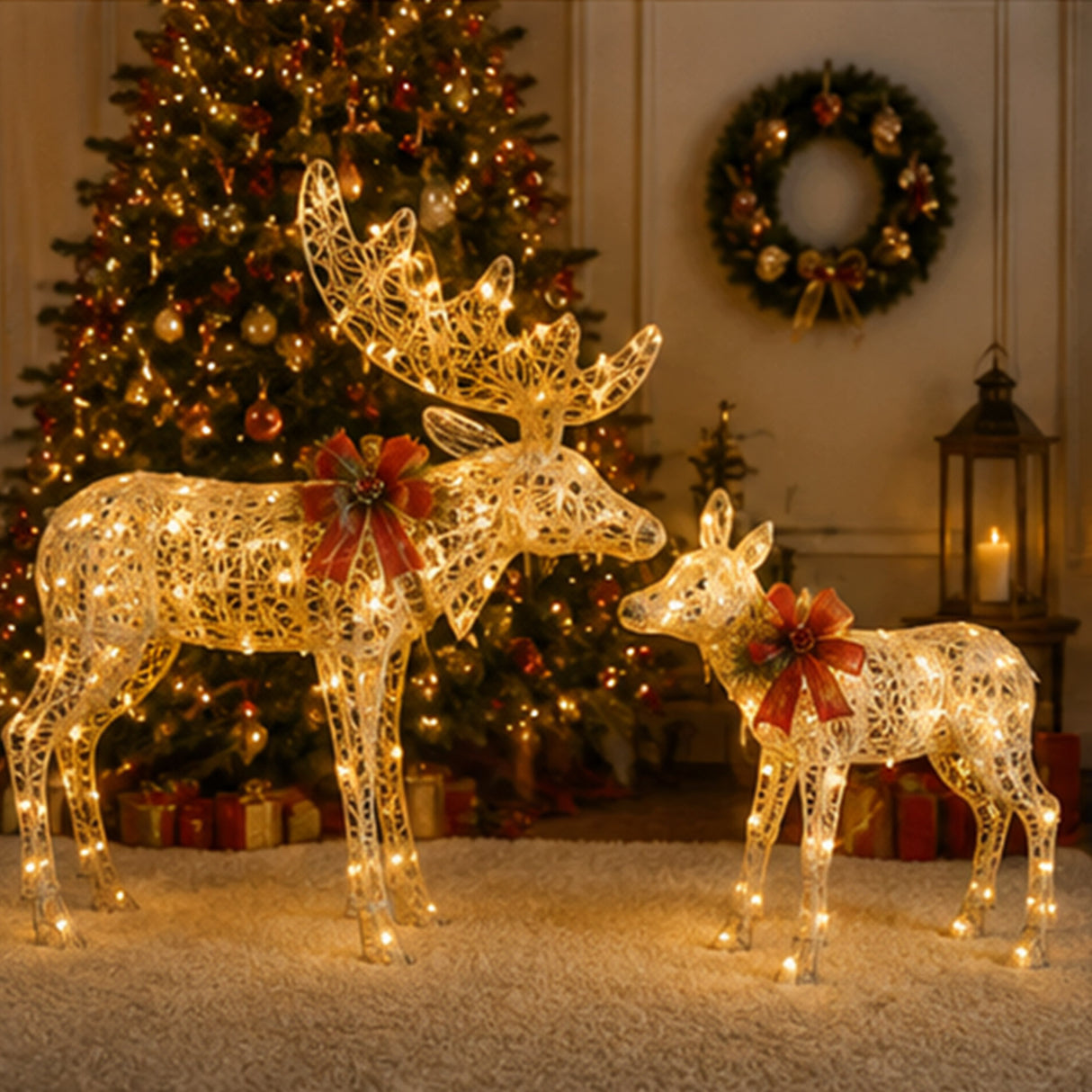 Lighted Elk Christmas Yard Decoration Set, Warm LED