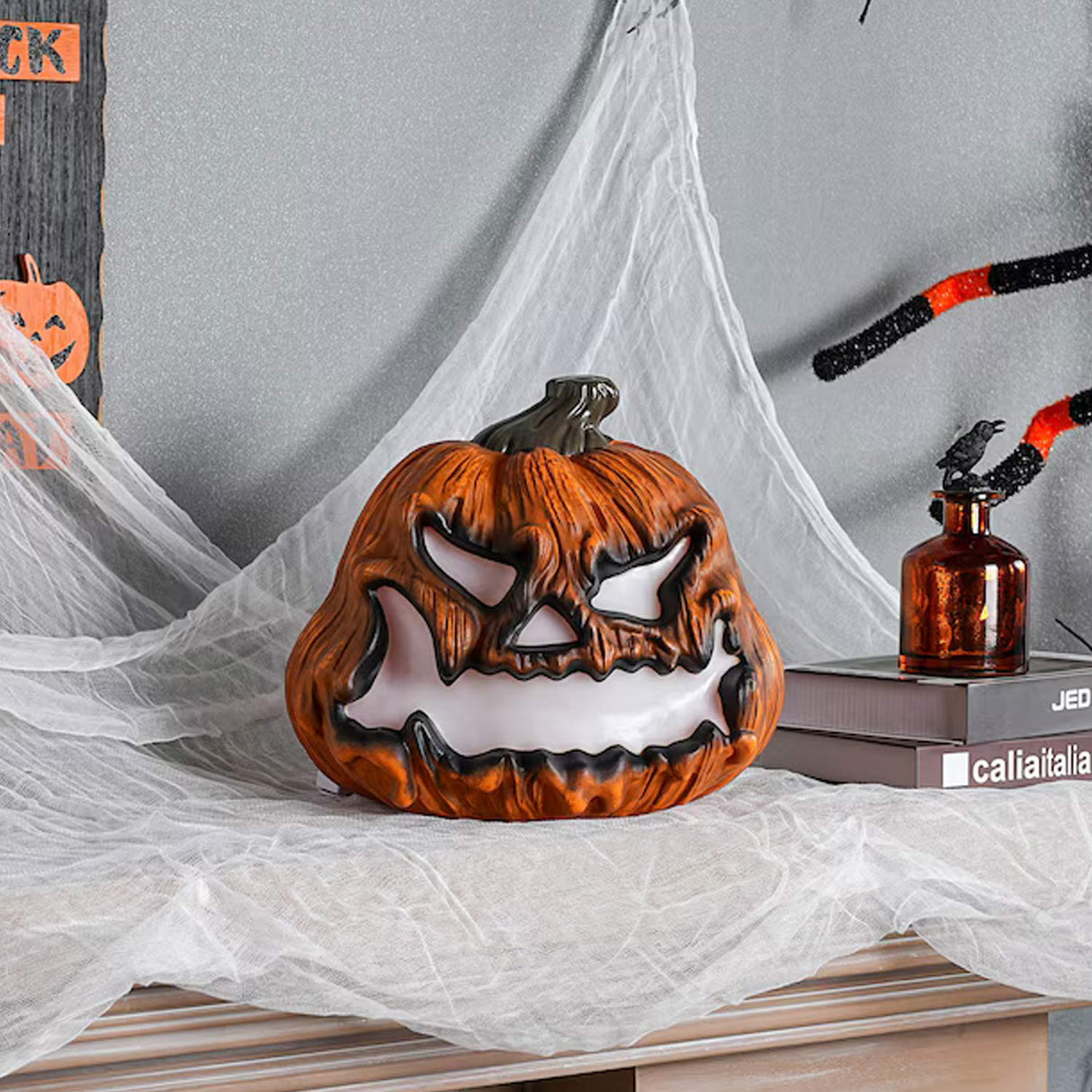 10 Inches Glowing Scary Face Jack-o-Lantern Halloween Decor with Light