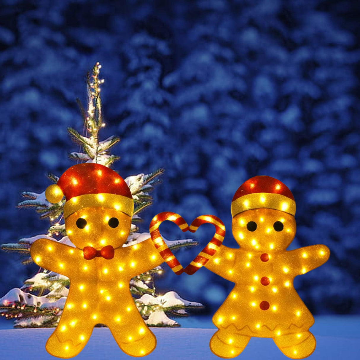 Delightful Light Up Gingerbread Man Couple with Heart-Shaped Candy Cane