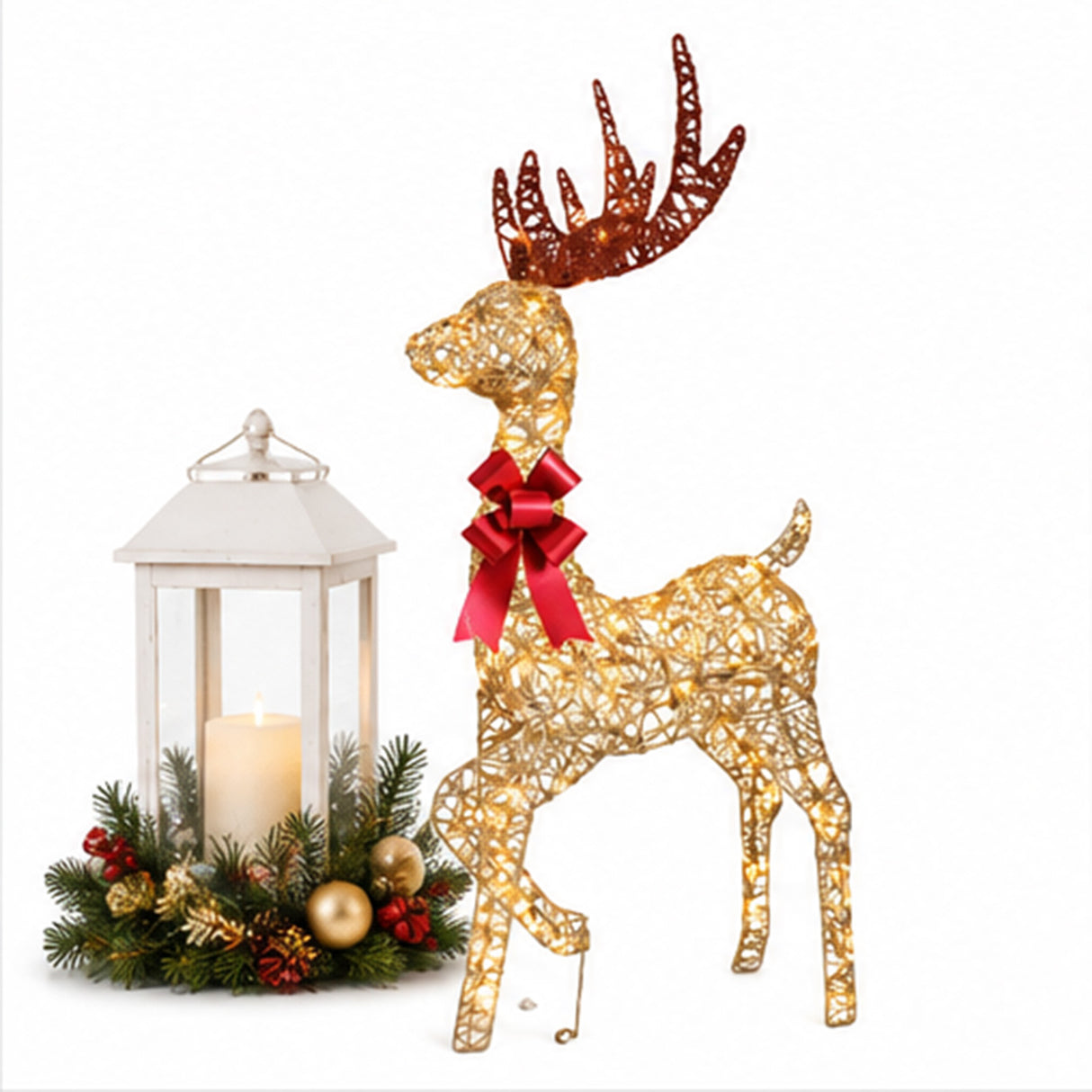48 Inch Champagne Wicker Reindeer Warm White LED Decor