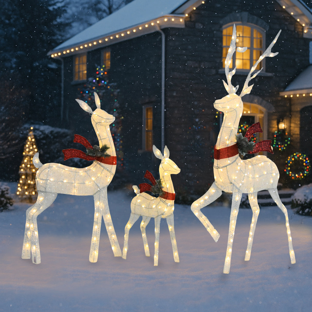 White Cotton Rope Reindeer Set of 3 with UL Listed Warm White LED Lights for Indoor/Outdoor Christmas Decoration 60" 48" 32"