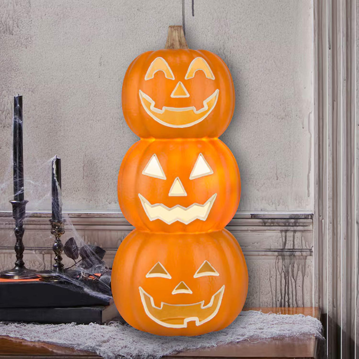 1.5ft Haunted Living Lighted Stacked Jack-o-Lanterns Halloween Decor
