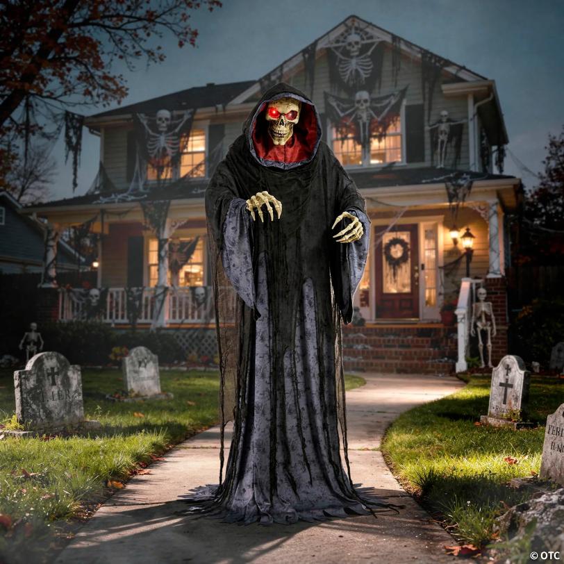 6 Ft. 9" Animated Light-Up Rising Skeleton Reaper in Hooded Cloak Halloween Decoration
