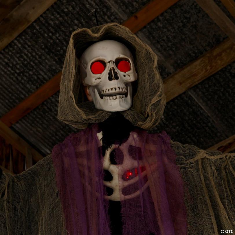 6 Ft. Hanging Light-Up Skeletal Reaper in Gray Robes Halloween Decoration