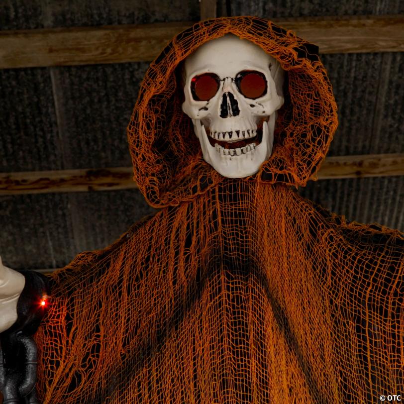 6 Ft. Hanging Light-Up Skeletal Reaper in Orange Robes Halloween Decoration
