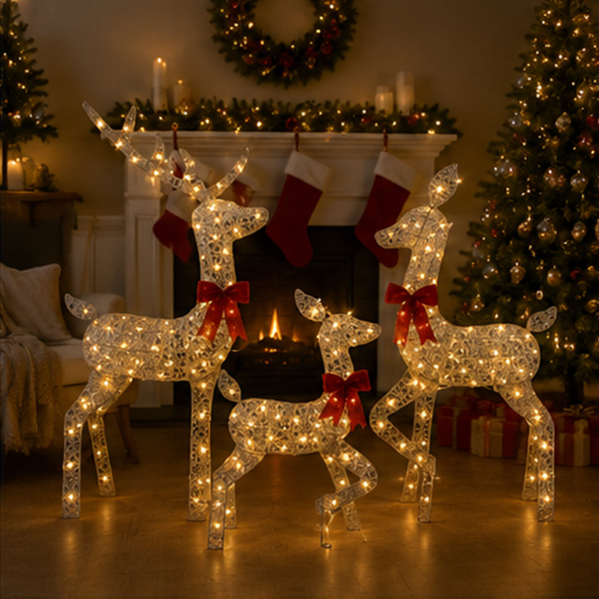 Lighted Silver Reindeer Christmas Yard Decor Set
