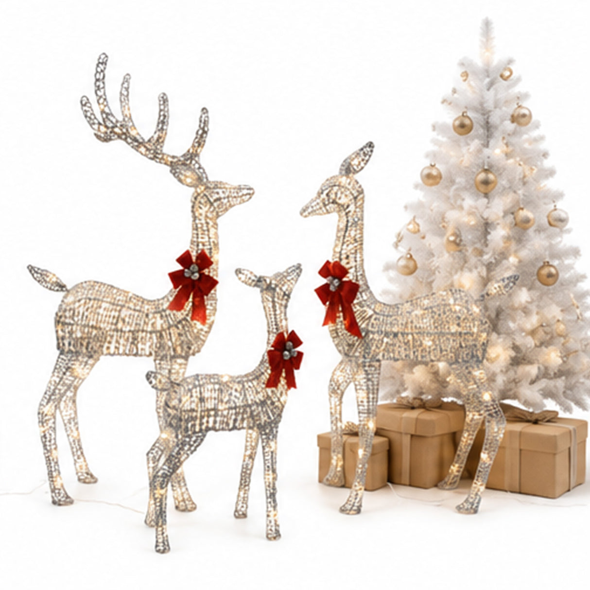 Champagne Wicker Reindeer Set with Warm White LED Lights