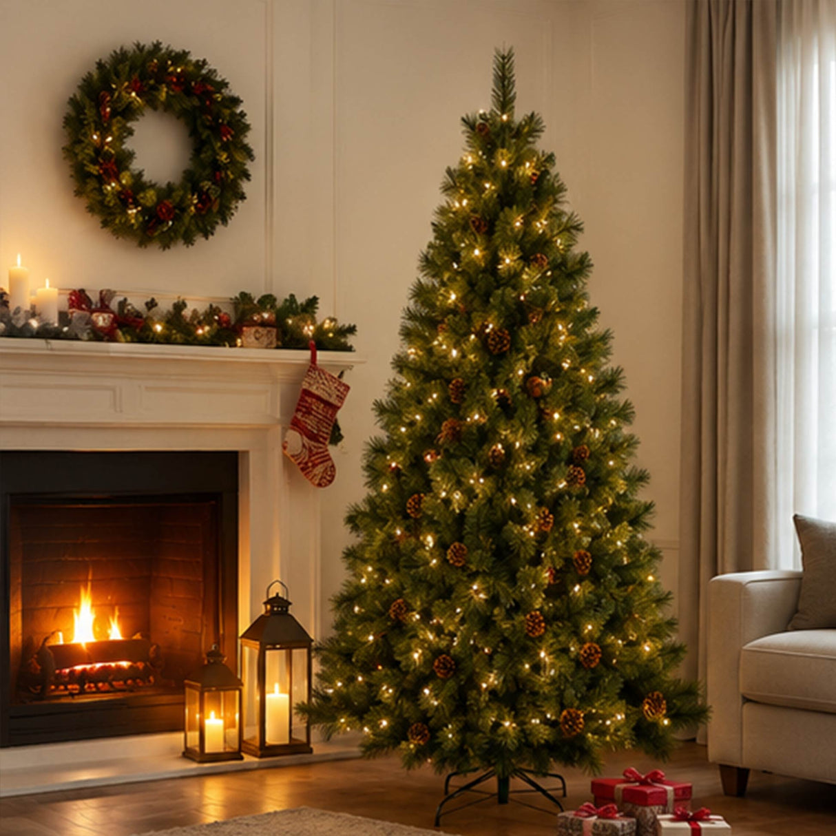6FT Pre Lit Christmas Tree with Pinecones Warm White