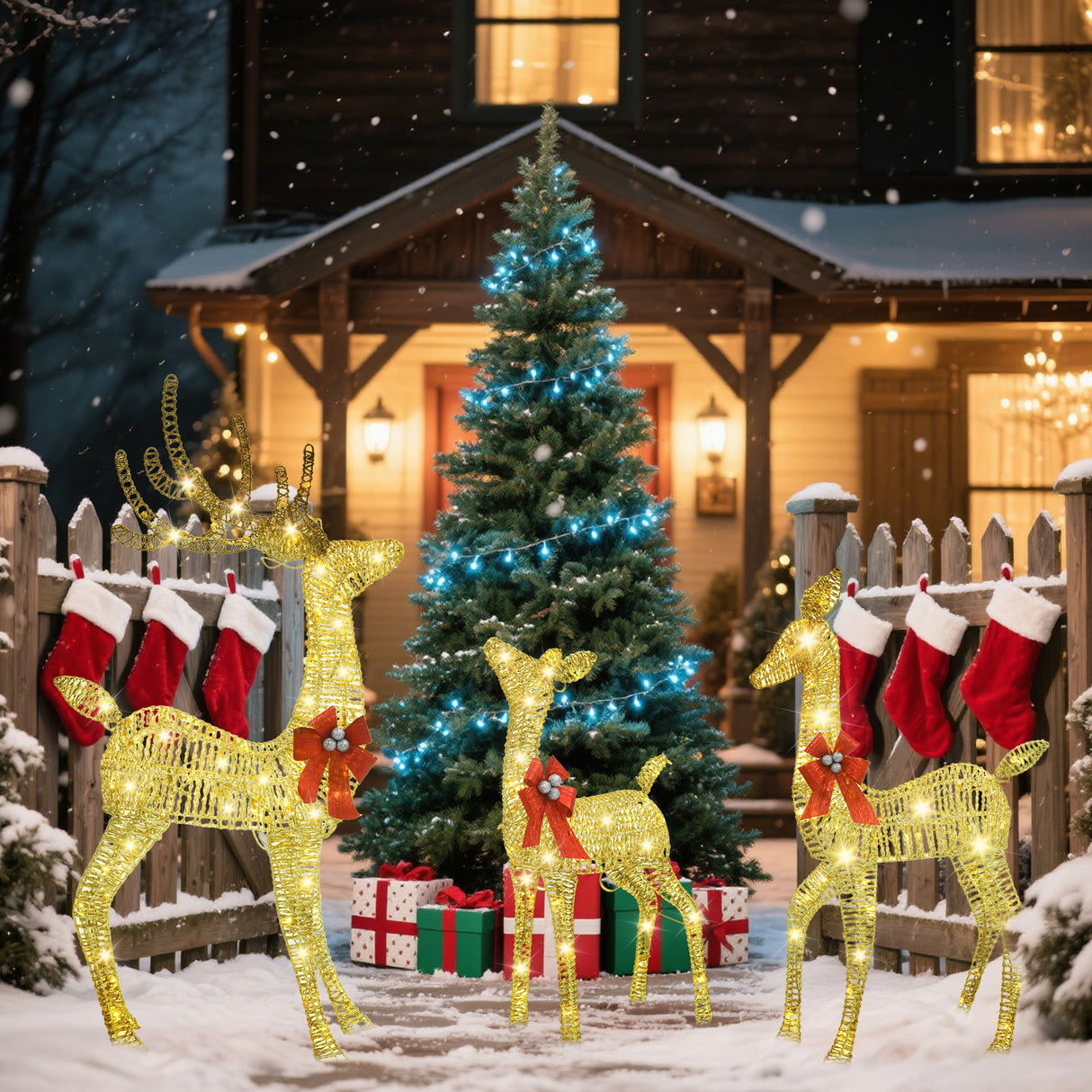 Champagne Woven Vine Set of 3 Reindeer with Warm White LED Lights for Holiday Décor 63" 52" 37"