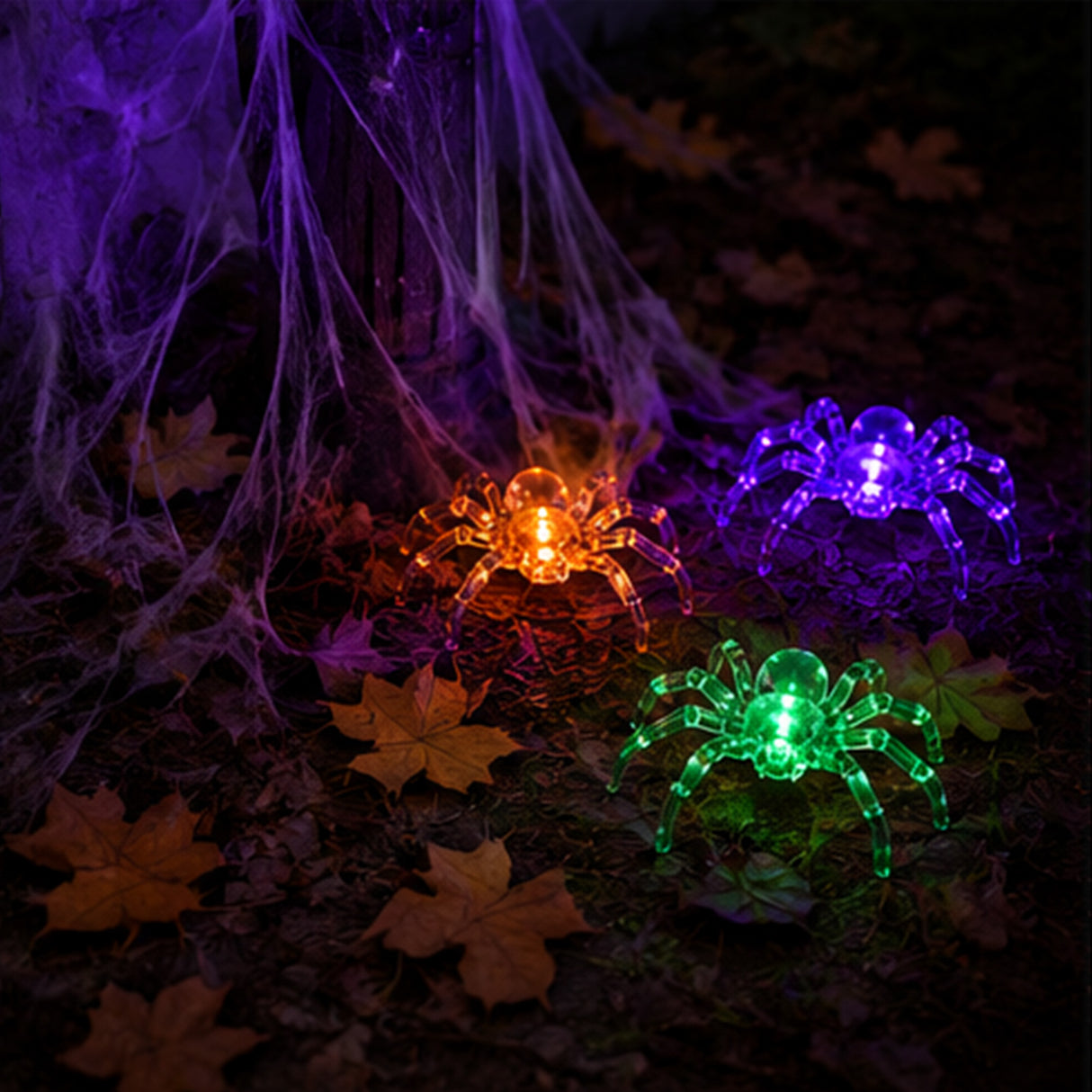3 Pack Light Up Spider Halloween Decor Orange Green UV