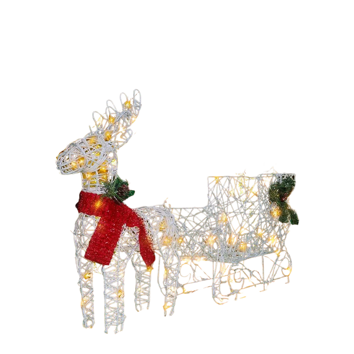White Lighted Reindeer & Sleigh Outdoor Christmas Yard Decoration
