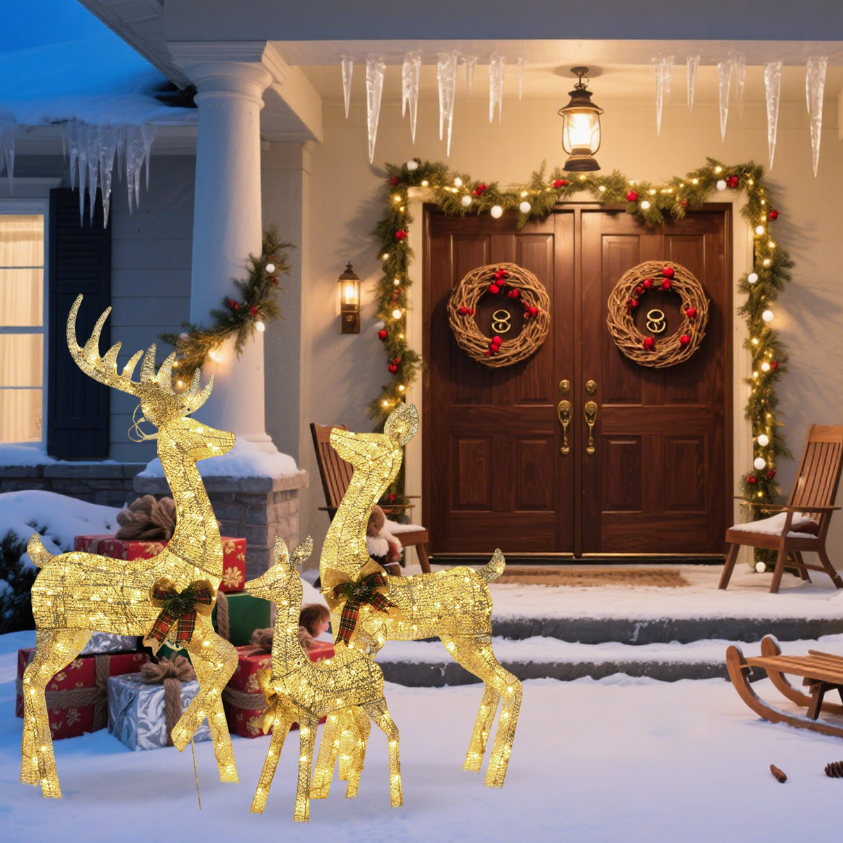 Champagne Cotton Rope Set of 3 Reindeer, Warm White LED Lights, Indoor/Outdoor Holiday Decoration 60" 48" 32"