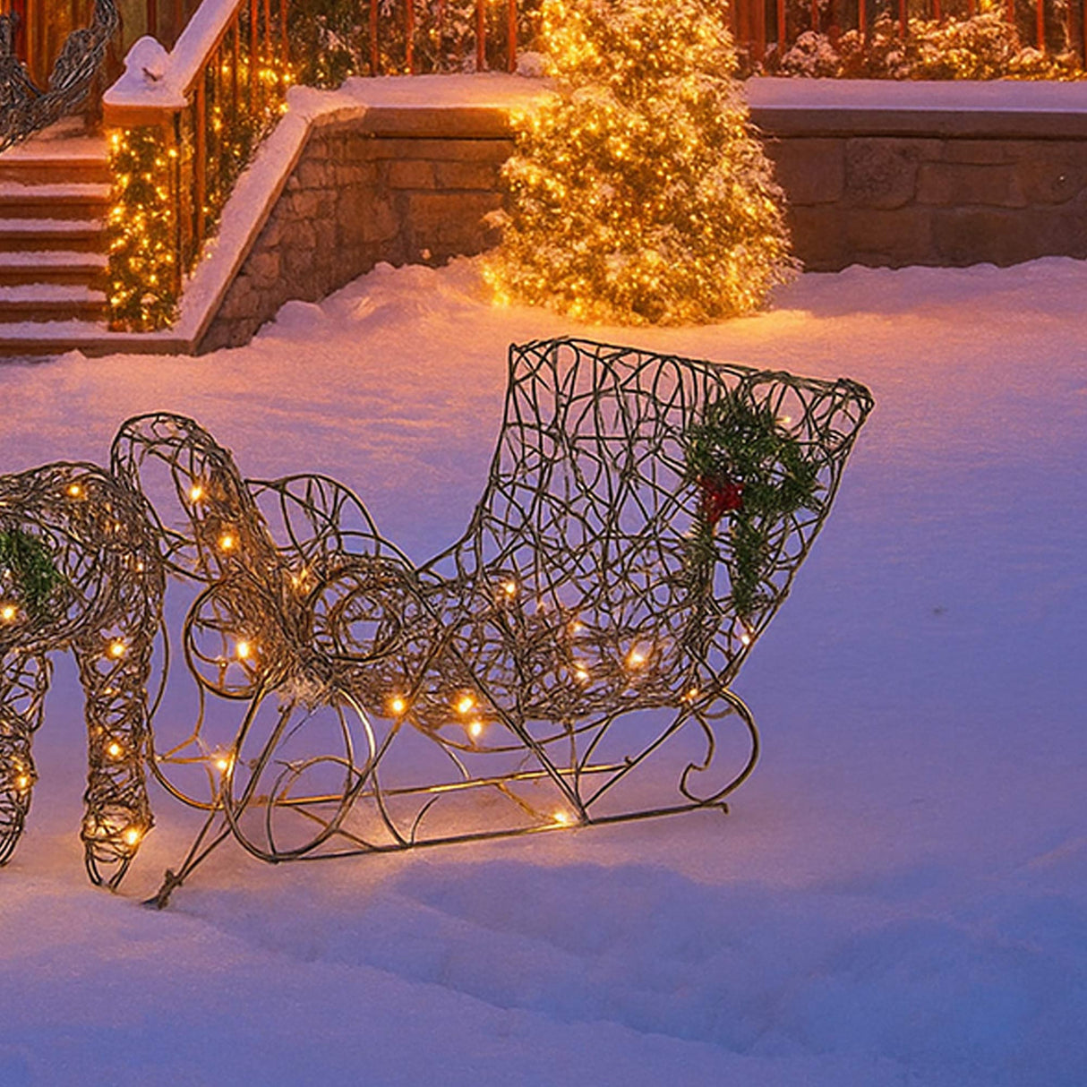Coffee-Colored Lighted Reindeer with Sleigh Outdoor Christmas Yard Decoration