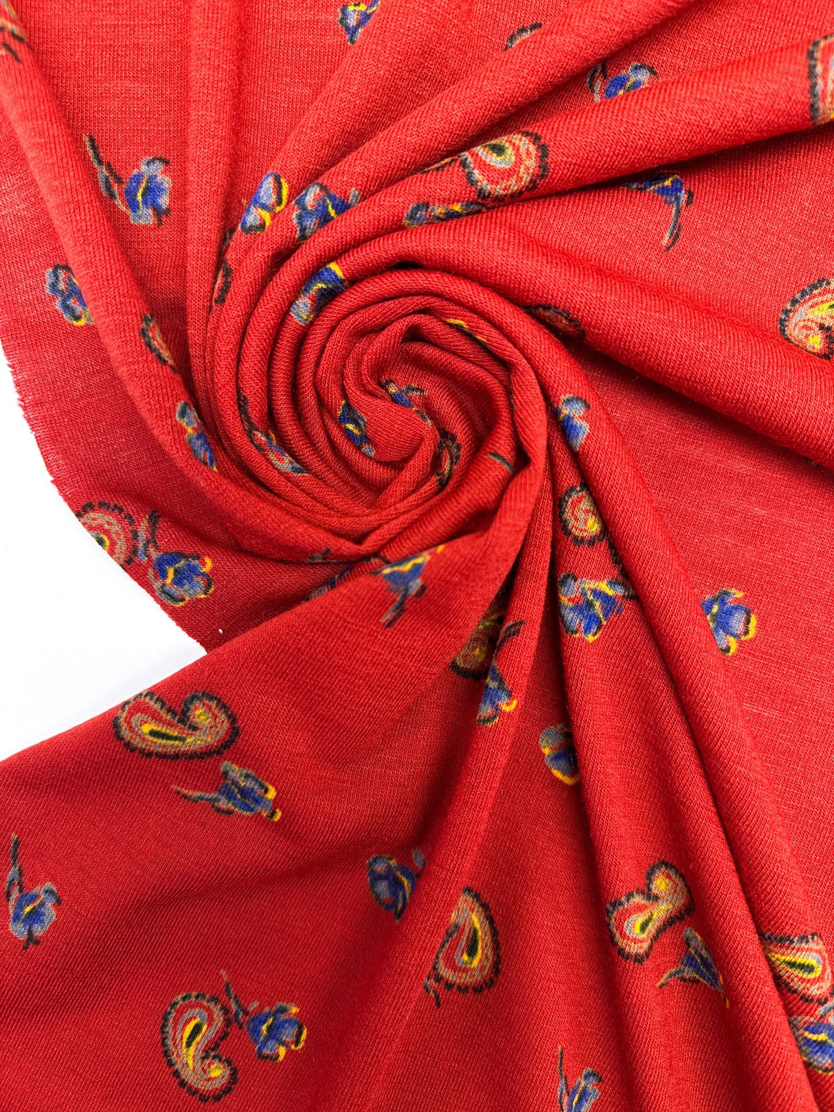 Acrylic Knitted Fabric Red Blue Paisley Floral